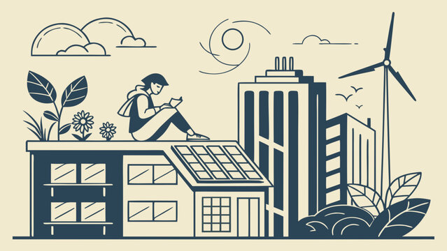 Sustainable city with solar panels, wind turbine, green buildings and woman using telescope, concept of renewable energy and urban ecology