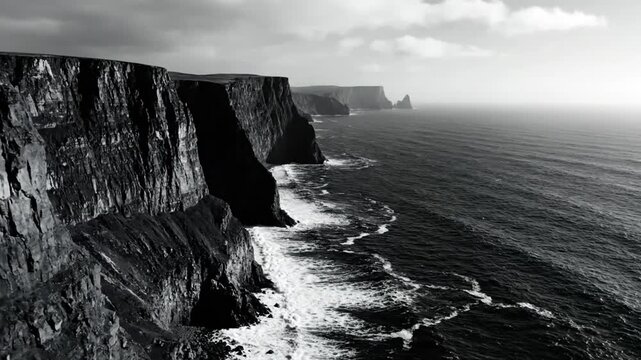 Dramatic black and white aerial view of imposing cliffs overlooking the crashing waves along a rugged coastline