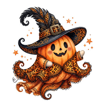 Cute Halloween pumpkin ghost wearing a leopard print witch hat and cloak isolated on white