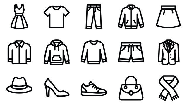 Apparel and clothing line icon set featuring dresses t-shirts pants jackets skirts hoodies sweaters footwear clothing sweaters footwear