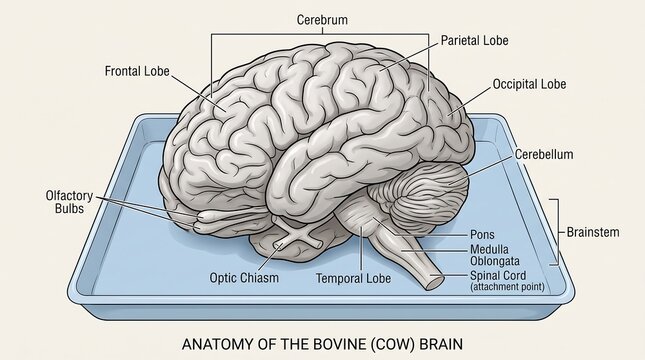 Detailed medical illustration of bovine cow organ brain anatomy featuring labeled cerebral structures on a blue laboratory tray background