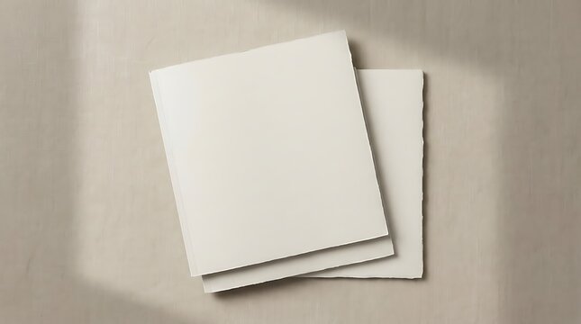 Blank square paper cards stacked on a neutral beige surface with soft shadows. magazine mockup psd
