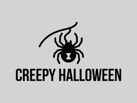 Minimalist black widow spider icon hanging from a web with the bold text creepy halloween on grey background