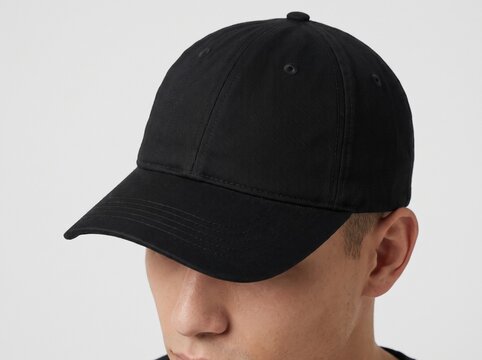 A young man wearing a blank black baseball cap looking down against a grey background. Headwear apparel mockup.