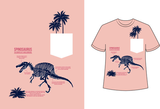 Spinosaurus dinosaur skeleton graphic illustration for t-shirt print with palm trees, tropical pocket design, and educational text details - Estampados para camisetas de ni&ntilde;o.