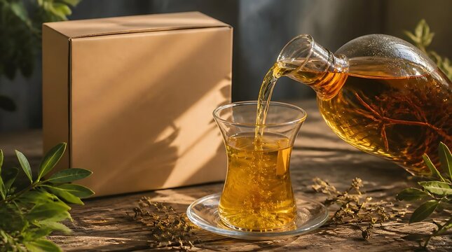 Pouring hot herbal tea from a glass teapot into a traditional glass cup with a cardboard box in the background.