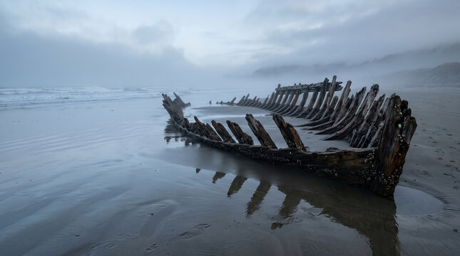 Weathered shipwreck ribs on foggy beach.