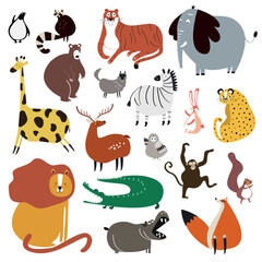 Fototapeta premium Collection of cute wild animals in cartoon style vector