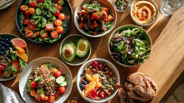 Vibrant assortment of nutritious dishes photographed from above with free copy space