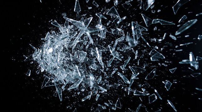 Shattered glass fragments exploding outwards on black background for design elements.