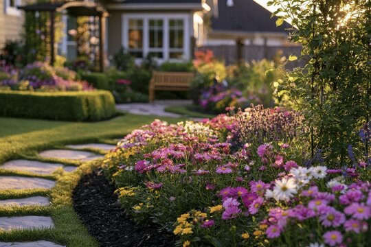 Vibrant bloom borders around a suburban house with a stone path and trellis