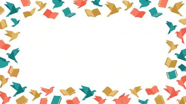 Flying origami paper birds and open books forming a decorative frame border vector with bird flight paper craft school children education learning imagination creativity literature knowledge