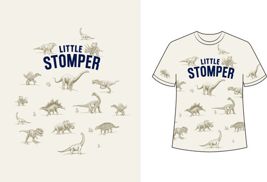 Little Stomper dinosaur pattern vector graphic illustration for t-shirt print with vintage sketched dinosaurs like Tyrannosaurus, Stegosaurus, and Brachiosaurus - estampado de dinosaurio para ni&ntilde;o.