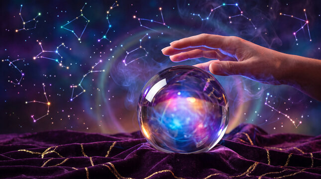 Crystal ball reading with hand and constellation light