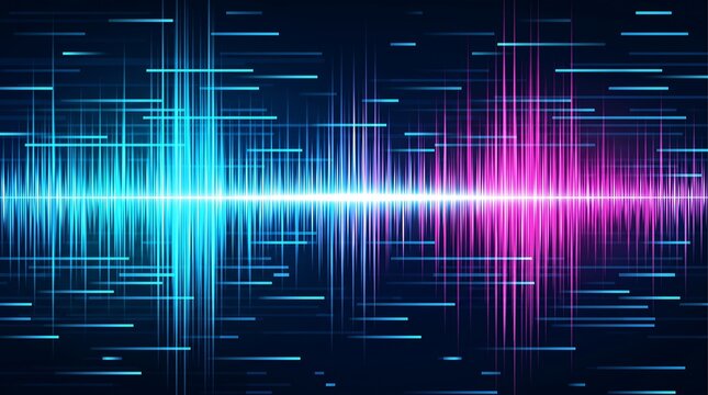 Futuristic digital sound wave abstract background in vibrant blue and pink tones with glowing neon light effects