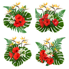 Floral compositions with hibiscus, strelitzia and plumeria flowers with green tropical leaves on white background, set © New Africa