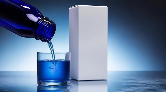 Blue liquid being poured from a dark blue bottle into a clear glass next to a white box.