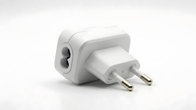 A single white electrical power adapter plug isolated on a clean white background for modern electronic devices and mobile phone charging needs