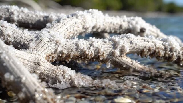 Dead tree branches encrusted with salt crystals near the shoreline dead branch