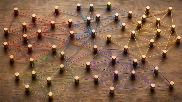 Colorful thread network connecting wooden pins on a rustic board for business concepts.