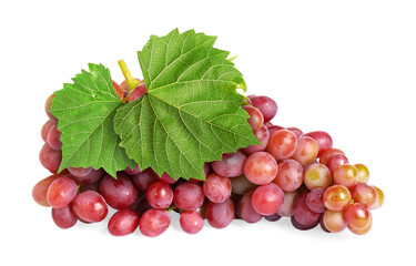 Fototapeta premium Bunch of fresh ripe grapes with green leaves isolated on white
