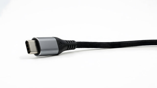 A high quality close up view of a modern black braided usb type c charging cable isolated on a clean white background studio
