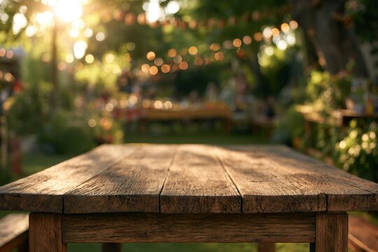 Warm daylight on a wooden table with a distant twinkling garden party ambiance