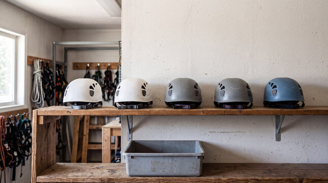 Rental helmets staged for inspection
