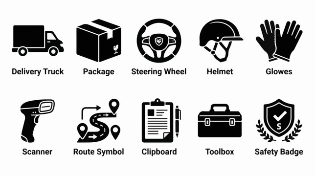Delivery Driver professional icon set for delivery logistics and warehouse services with clear professional symbols for web and app design branding infographics presentations marketing and print use