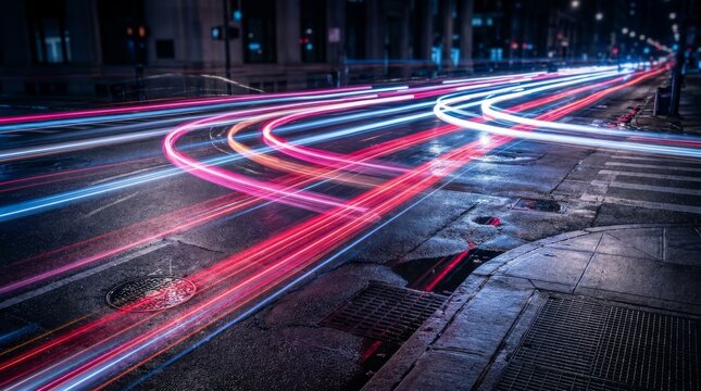 Dynamic Red and Blue Light Trails from Fast Moving Traffic on a Dark Urban City Street at Night