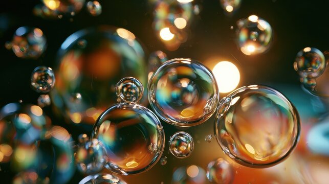 Colorful translucent bubbles move gently in an oil and water mix with a soft light shining from behind, set against a dark backdrop.