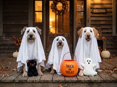 Three adorable halloween ghost dogs pose on a rustic wooden front porch, ready for trick or treat with a festive bucket and autumn decor, captured in a warm, inviting shot.