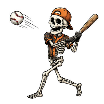 Skeleton baseball player swinging a bat at a ball isolated on white background
