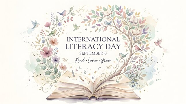 Open book with floral arrangement and birds watercolor illustration