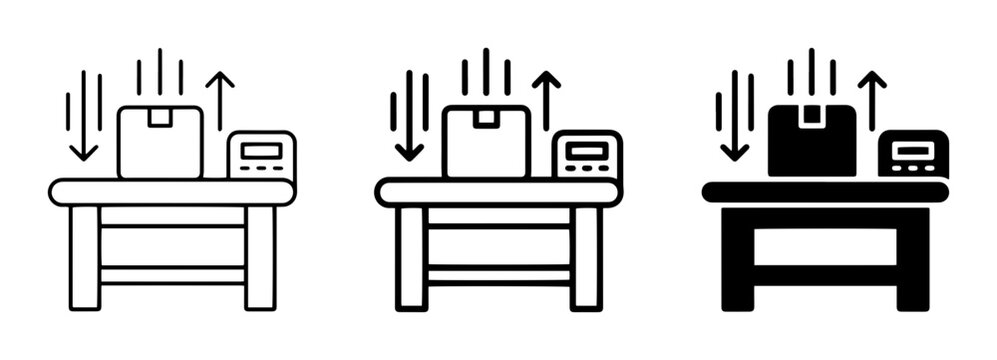 3 packing workstation outline icons, delivery box, table, scanner, warehouse style, logistics, ecommerce