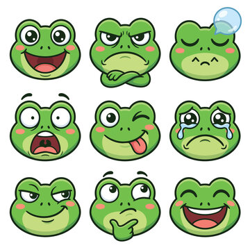 Cute green frog face expressions set showing various moods and emotions