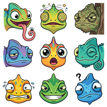 Funny cartoon chameleon facial expression icons and sticker pack with various moods