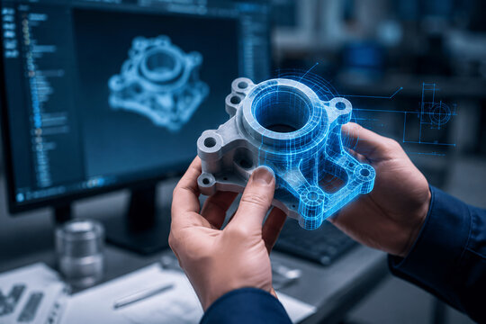 Engineer holding metal mechanical part with augmented reality CAD design, digital twin technology, 3D scanning model, reverse engineering concept, smart manufacturing industry 4.0 hologram overlay, fu