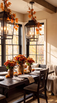 Autumn-themed dining room with wooden table, decorative pumpkins, and vibrant floral arrangements under pendant lights and large windows