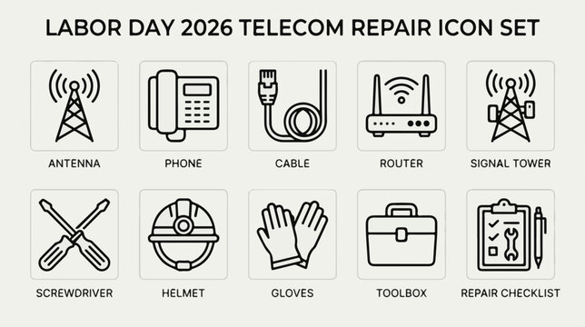 Telecommunications vector pictogram set for telecom installation and network repair for clear visual communication for digital products branding infographics presentations marketing and print design