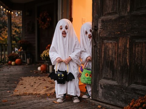 Two young children in ghost costumes excitedly peek from behind a wooden door on a warmly lit autumn porch, ready for halloween trick-or-treating.