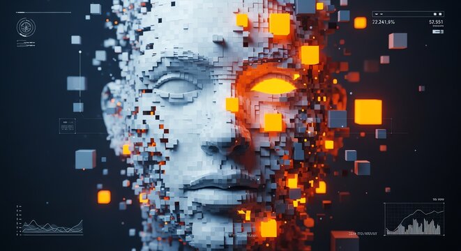 Abstract human face constructed from digital voxel cubes with glowing orange light elements on dark background, conceptual technological 3d rendering style