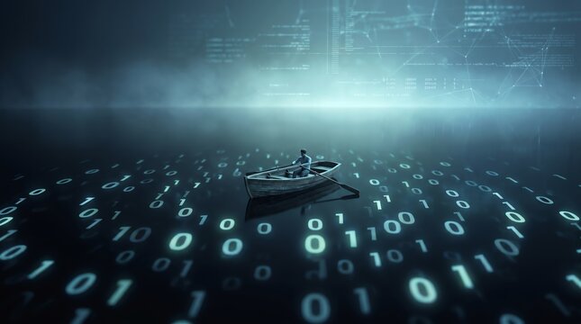 Man in boat sailing on digital ocean of binary code