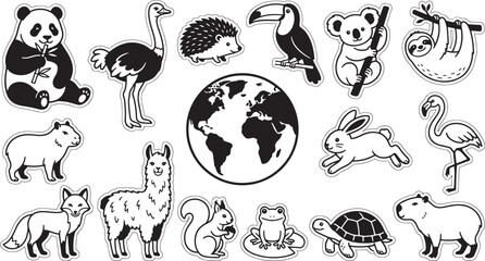 Fototapeta premium Hand drawn doodle set of wild animals and world globe isolated on white background