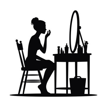 Woman silhouette doing makeup at vanity table with mirror and beauty tools for styling decor