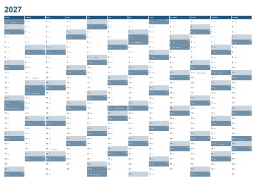 Calendar for the year 2027 with US holidays in English language. Wallplanner, span-a-year calendar