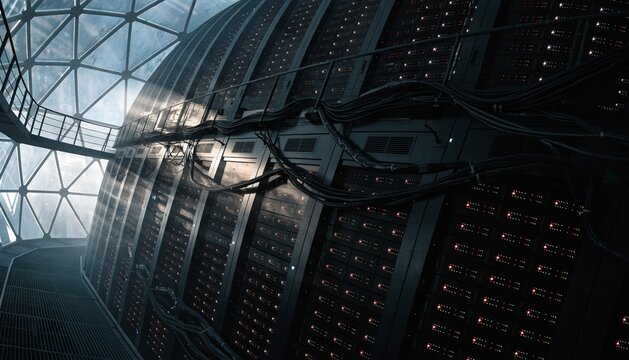 A spherical server room where server racks cover the entire inside wall of a massive geodesic dome.  
