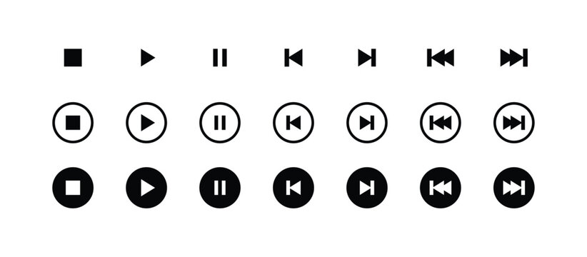 A comprehensive collection of media player control icons including play pause stop rewind fast forward and