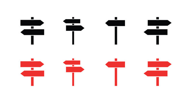 A comprehensive collection of directional signpost icons featuring both black and vibrant red variations for diverse