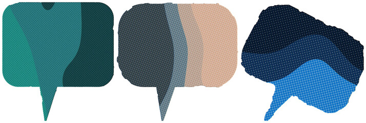 Naklejka premium Three retro halftone speech bubbles in mixed teal, neutral and blue tones create a playful comic-style communication set.